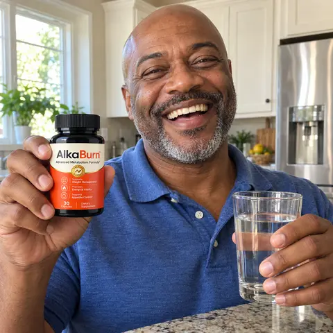 A man in his kitchen holding a bottle of AlkaBurn and a glass of water