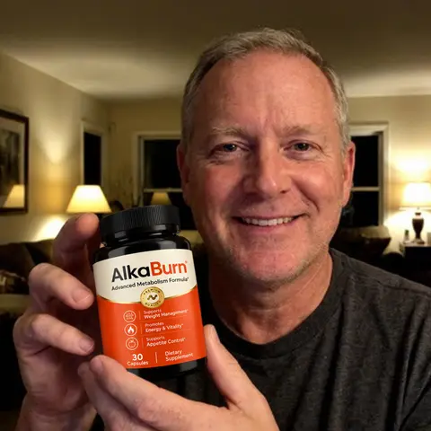 A man at home in the evening holding a bottle of AlkaBurn