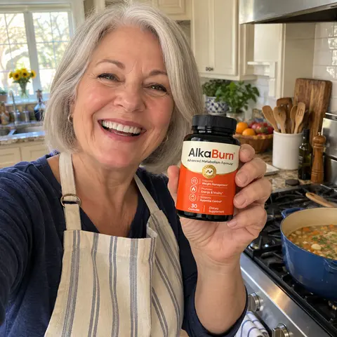 A woman in her kitchen holding a bottle of AlkaBurn
