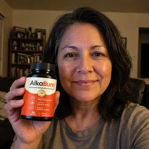 A woman at home holding a bottle of AlkaBurn