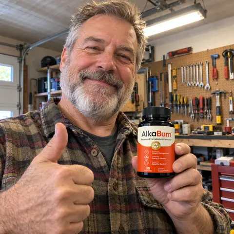 A man in his garage workshop holding a bottle of AlkaBurn