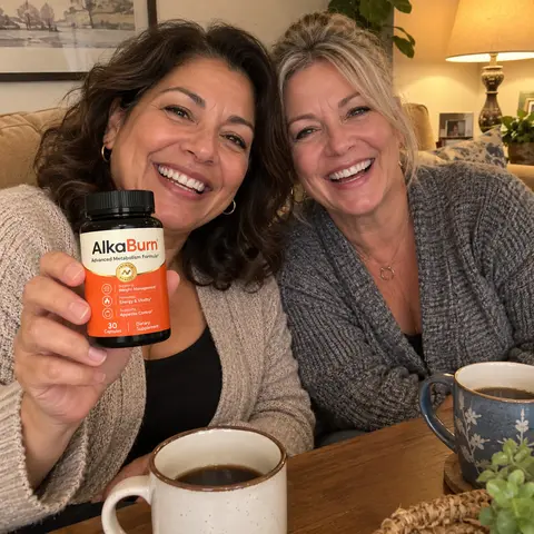 Two friends on the couch with a bottle of AlkaBurn