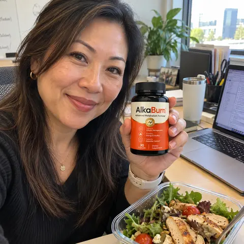 A woman at her office desk holding a bottle of AlkaBurn before lunch